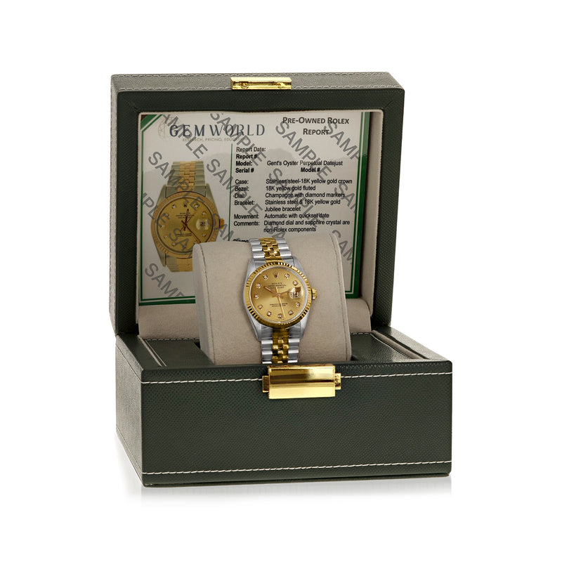 Rolex Datejust watch in presentation box with yellow dial, steel and yellow gold bracelet