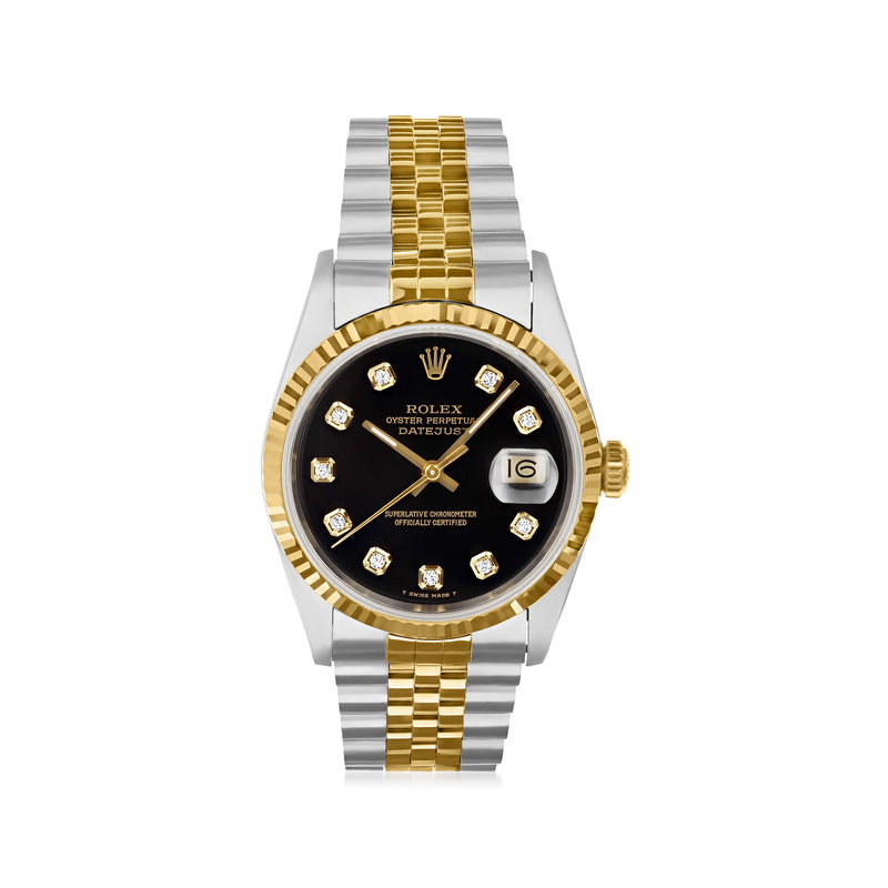 Men's two-tone Rolex Datejust wristwatch, black dial, gold bezel, steel and 18kt yellow gold band