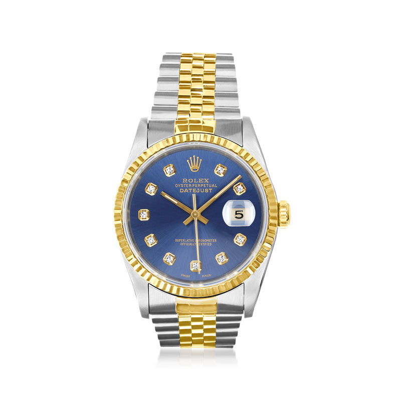 Two-tone Rolex Datejust watch with blue dial, gold bezel, and date window