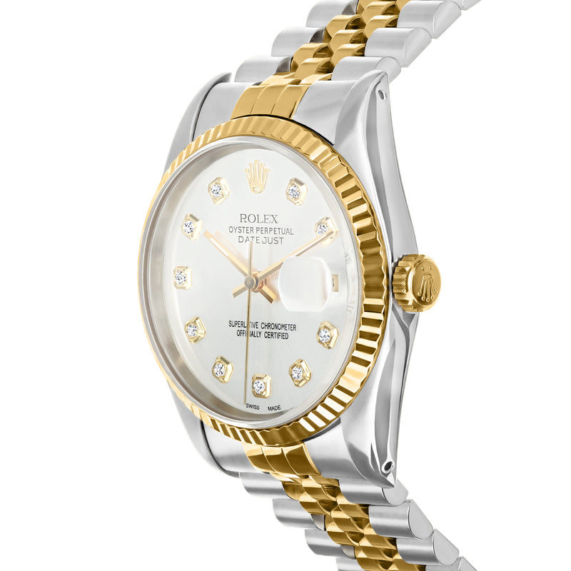 Rolex Datejust watch angled view, silver bracelet with yellow gold links and crown