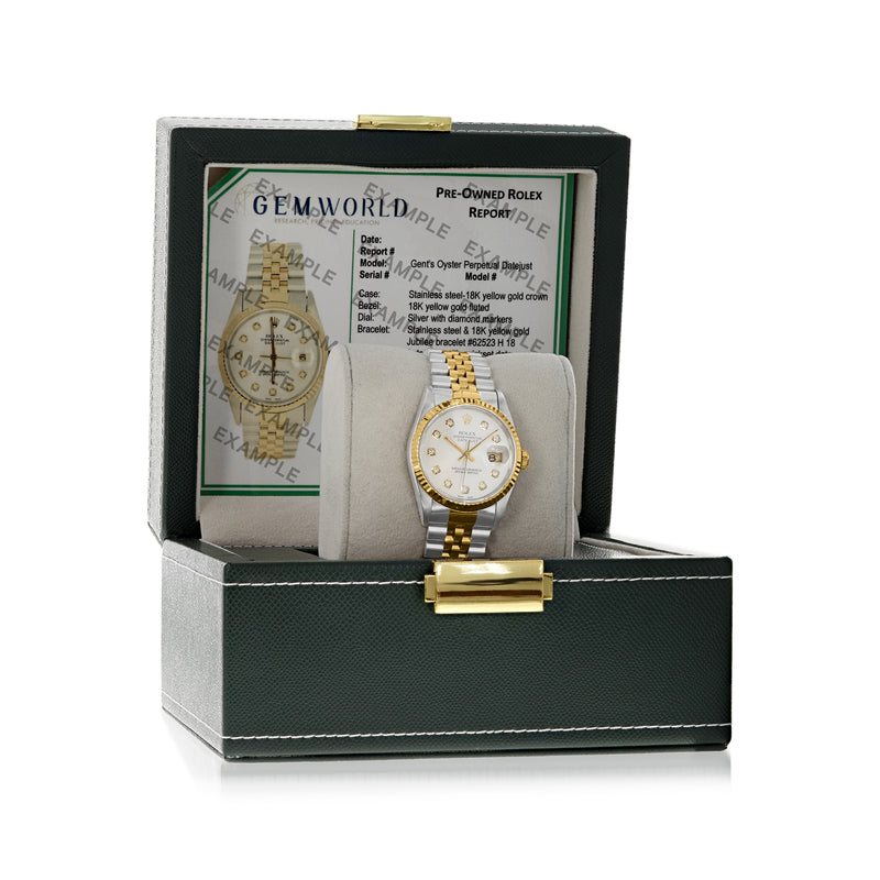 Rolex Datejust watch on paperwork in open presentation box with gold and silver bracelet