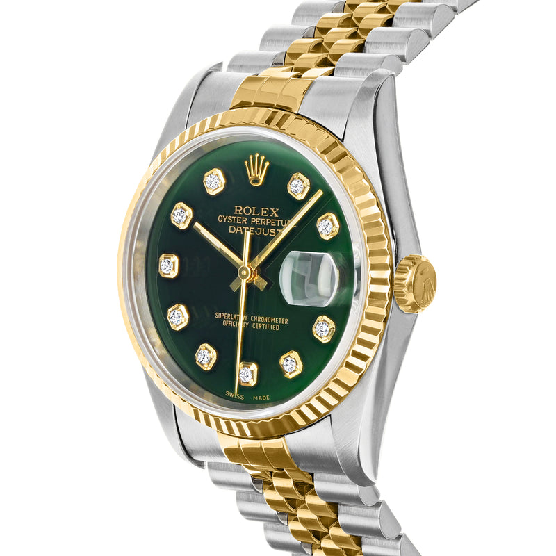 Rolex Datejust watch with green dial, diamond hour markers, and yellow-gold bezel