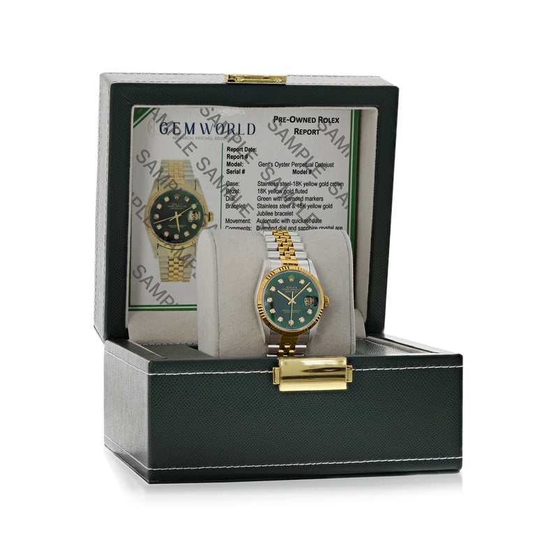 Rolex Datejust watch with green dial and yellow-gold bezel in a black presentation box