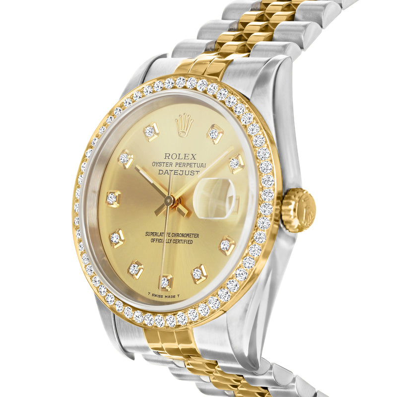 Pre-owned Rolex Datejust men's 36mm watch, gold dial, diamond bezel, two-tone bracelet