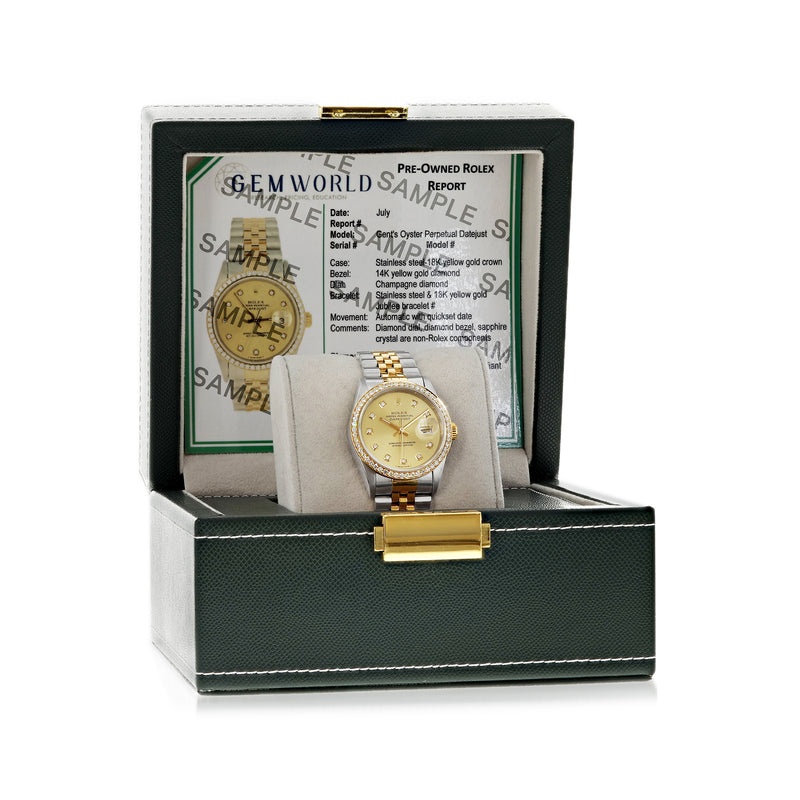 Pre-owned Rolex Datejust watch in box with booklet, gold dial, two-tone bracelet