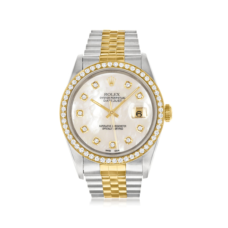Pre-owned Rolex Datejust 36mm automatic watch with diamond bezel, white dial, gold/stainless bracelet