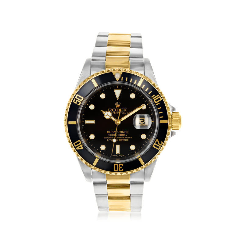 Rolex Submariner wrist watch with black dial, gold bezel, stainless steel and yellow gold bracelet.