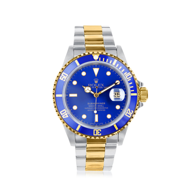 Rolex Submariner automatic watch, blue dial with gold bezel and two-tone stainless bracelet
