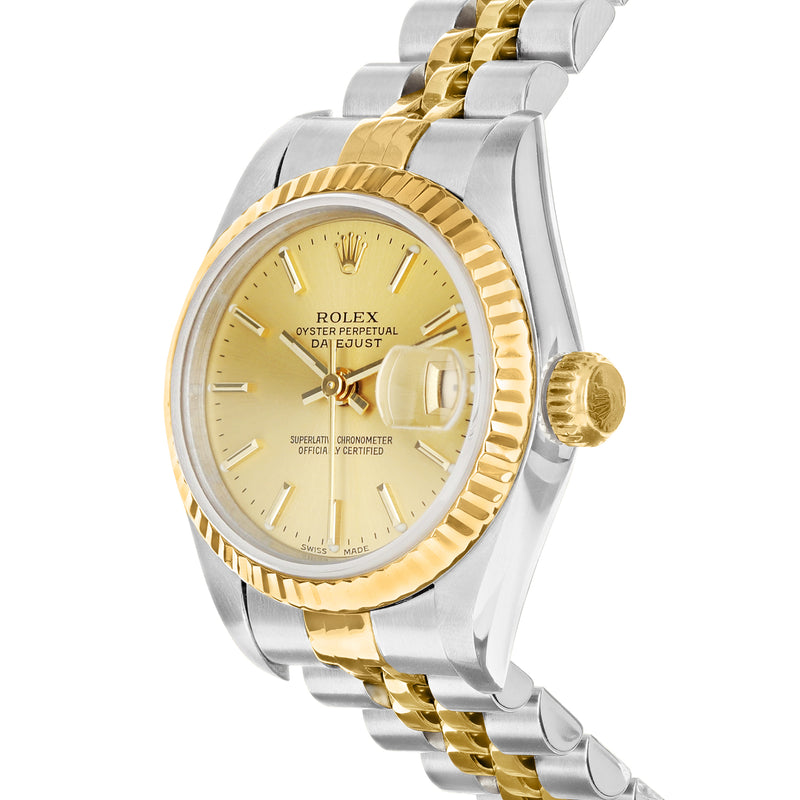 Two-tone Rolex Datejust women's watch with champagne dial, fluted gold bezel, stainless case