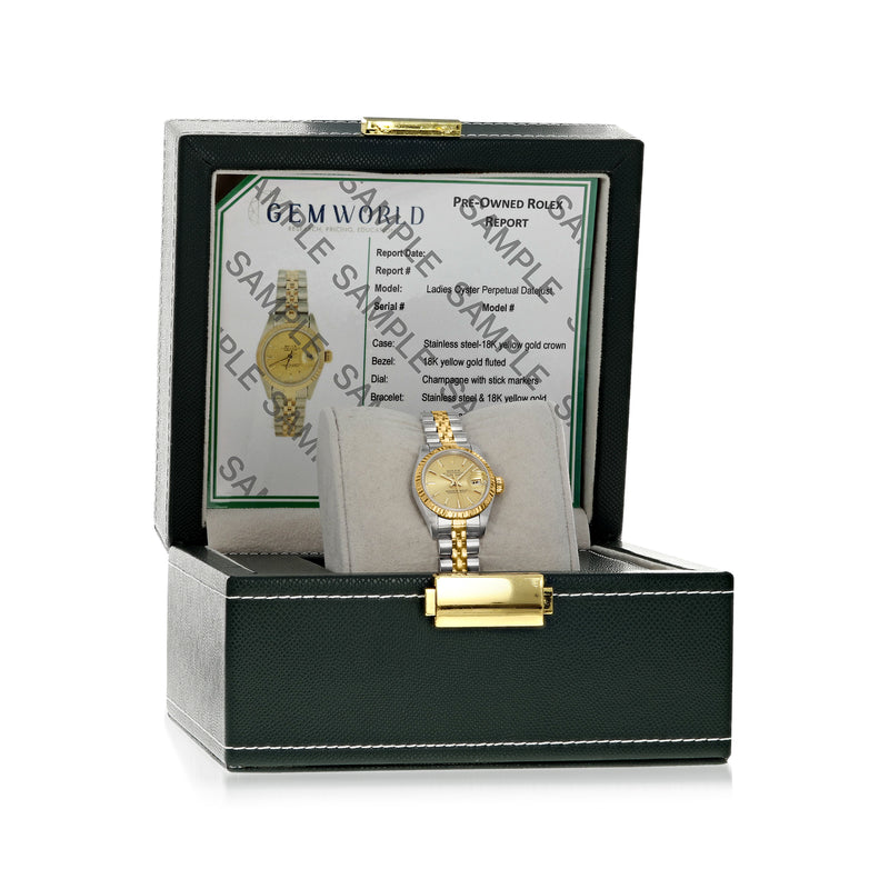 Two-tone Rolex Datejust women's watch with champagne dial and gold accents, in presentation box