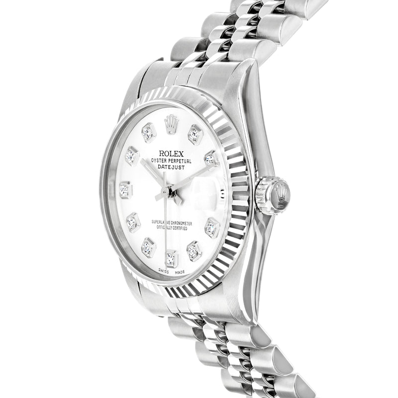 Women's stainless steel and white gold Datejust automatic watch, diamond dial, fluted bezel