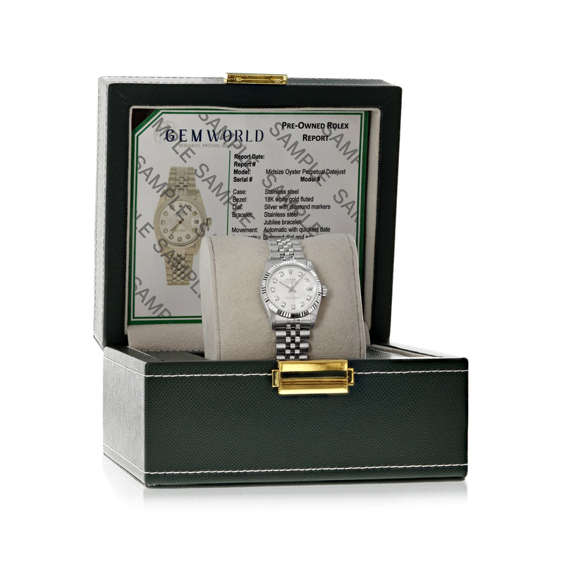 Pre-owned Rolex Datejust in black presentation box with report card