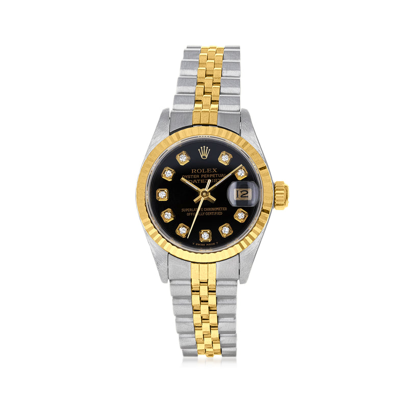Two-tone Rolex Datejust watch for women: black dial, gold bezel, date at 12