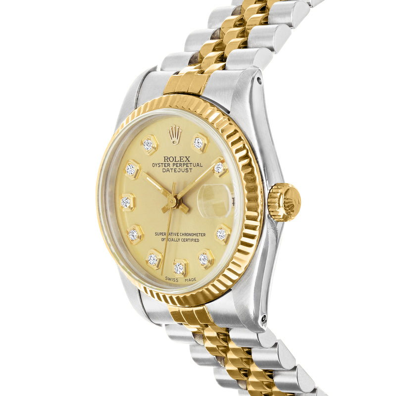 Two-tone Rolex Datejust watch with champagne dial, fluted bezel, link bracelet