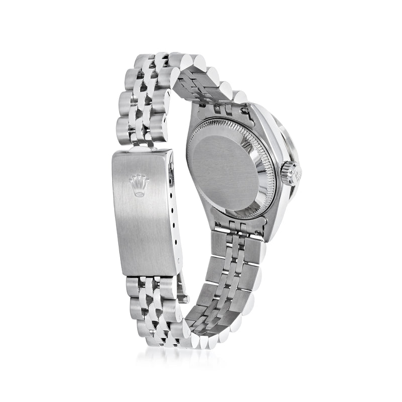 Women's Rolex watch side view with stainless steel case, crown, and link bracelet