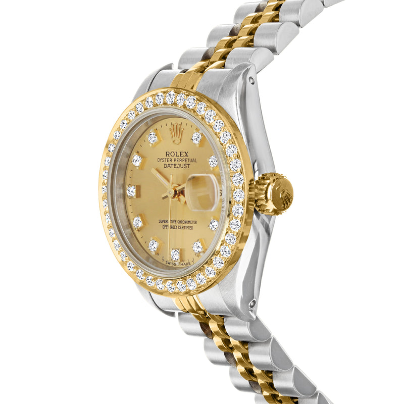Rolex Datejust women's watch side view with crown, gold-and-steel bracelet, diamond bezel