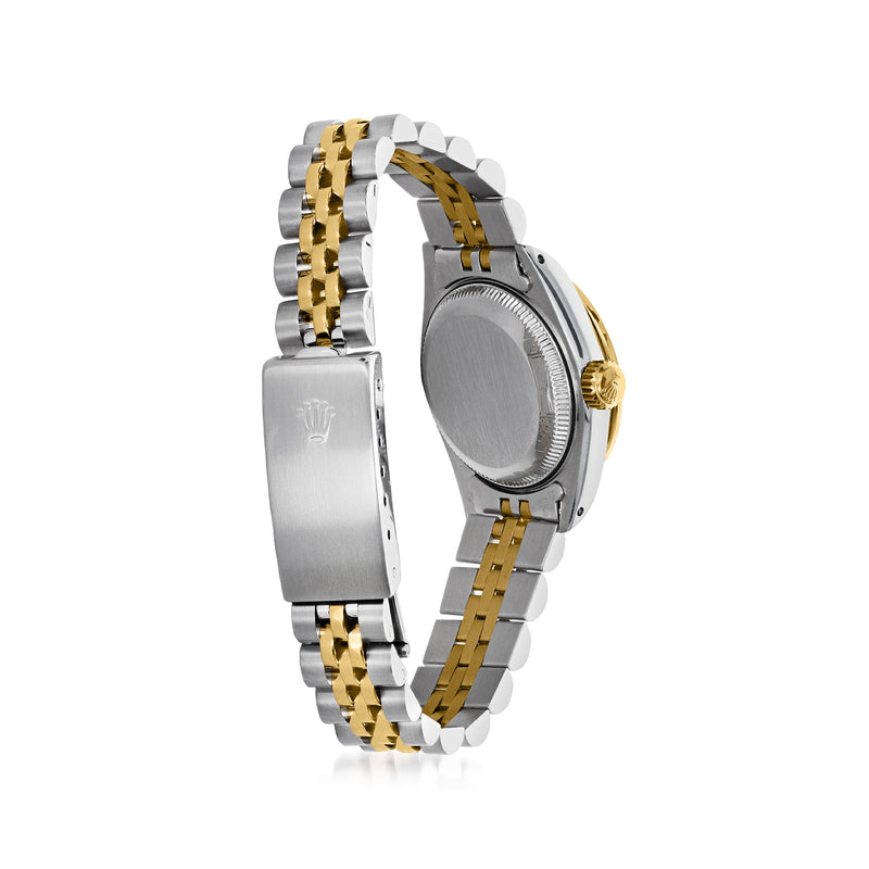 Rolex Datejust women's watch case side and bracelet, gold accents, stainless steel