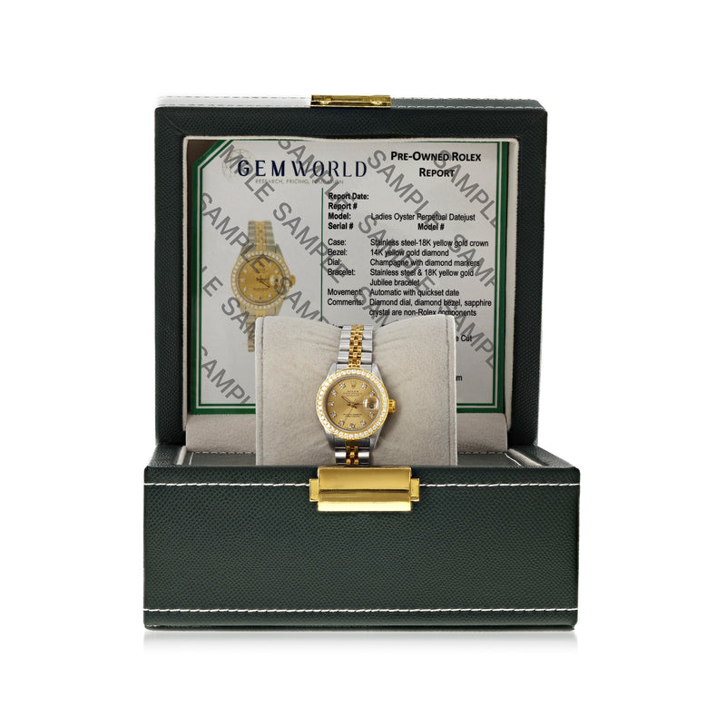Rolex Datejust women's watch on display, gold-and-steel bracelet, diamond bezel