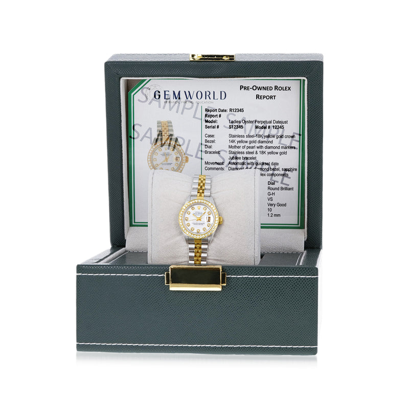 Two-tone Rolex watch displayed in a pre-owned presentation box with report card