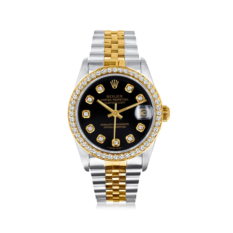 Rolex women's two-tone stainless steel watch with yellow gold, black dial, diamond bezel