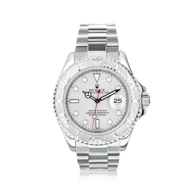 Pre-owned Rolex Yacht-Master automatic watch with silver dial, stainless steel bracelet, date