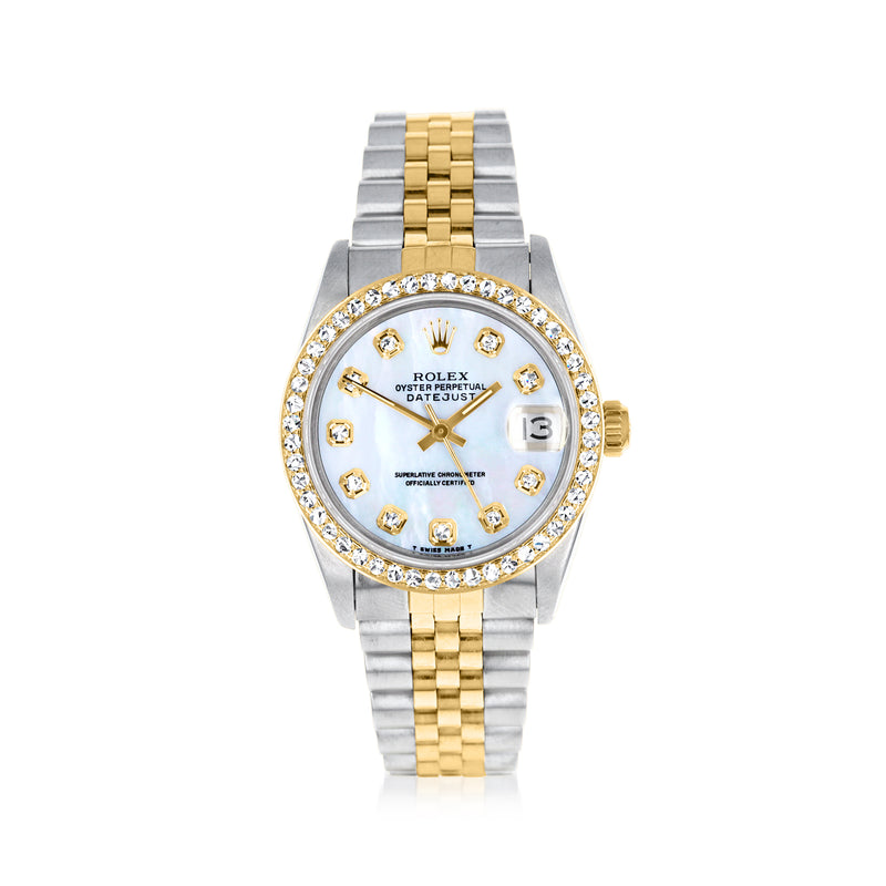 Two-tone stainless steel and 18kt yellow gold Rolex Datejust watch, diamond bezel, light dial