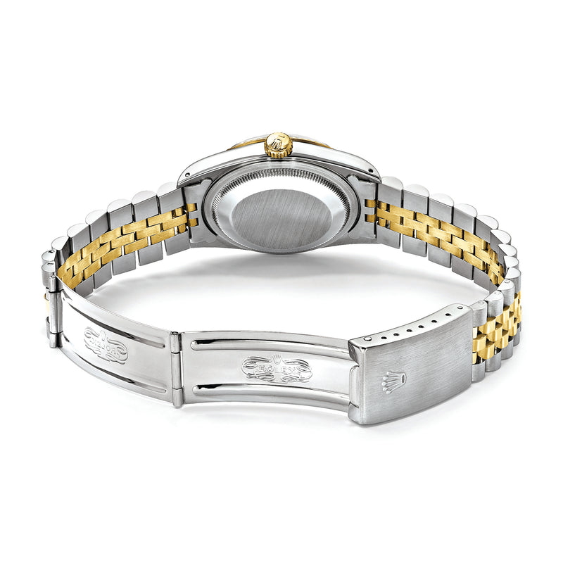 Two-tone gold and steel watch bracelet with metal clasp, visible case back and crown