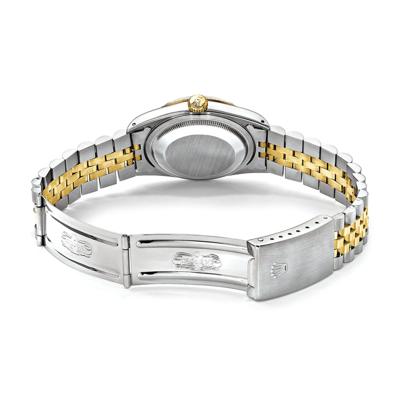 Rolex Datejust watch case with steel and yellow-gold linked bracelet, crown on right