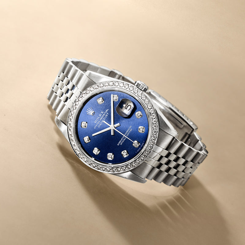 Rolex Datejust men's 36mm watch with blue dial, diamond bezel, steel bracelet
