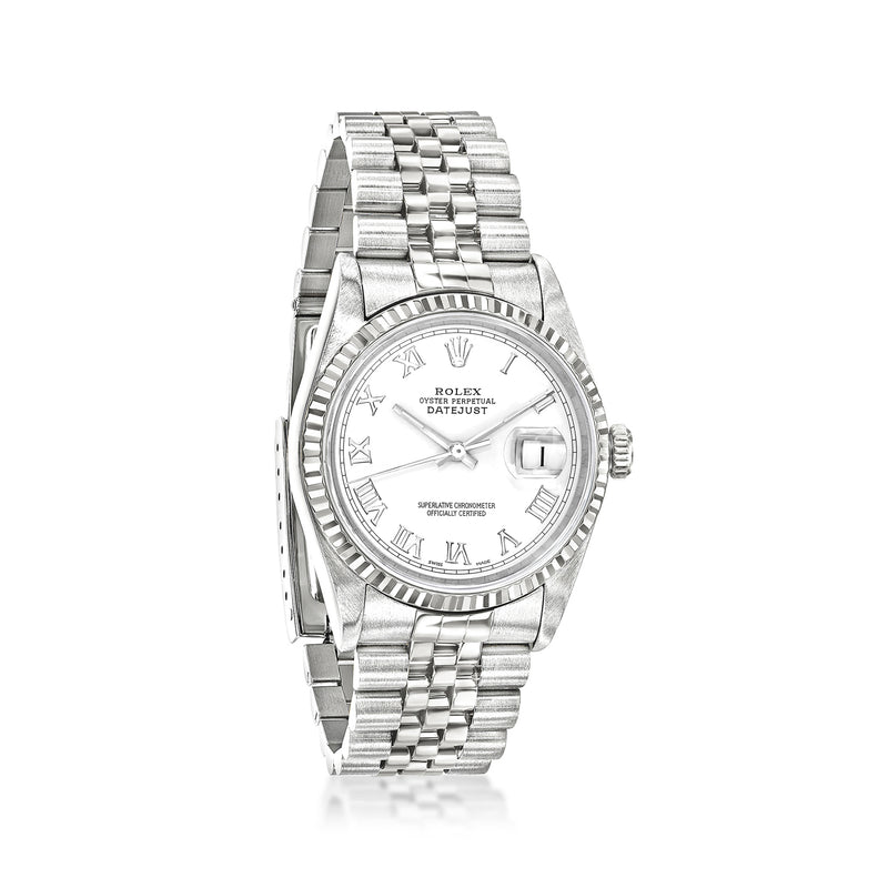 Stainless steel and white gold wristwatch with silver dial, Roman numerals, date window
