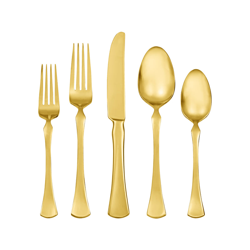 Gold-tone stainless steel flatware set with forks, knife, and spoons