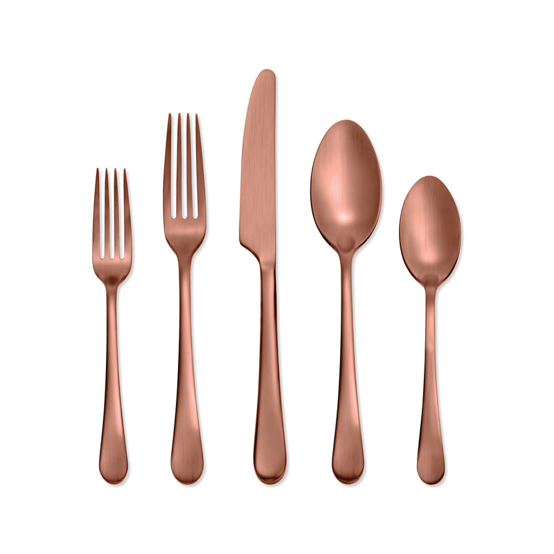 Copper-toned stainless steel flatware set: fork, knife, and spoons