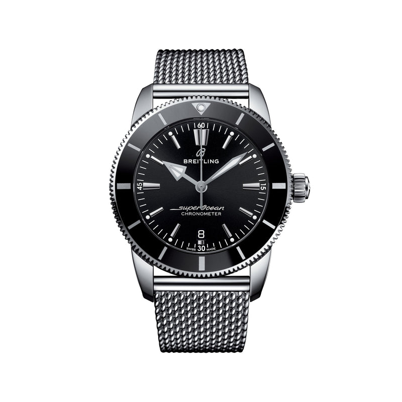 Stainless steel wristwatch with black dial and mesh bracelet, Breitling.