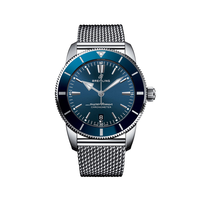 Stainless steel men's wristwatch with blue dial, rotating bezel, mesh bracelet