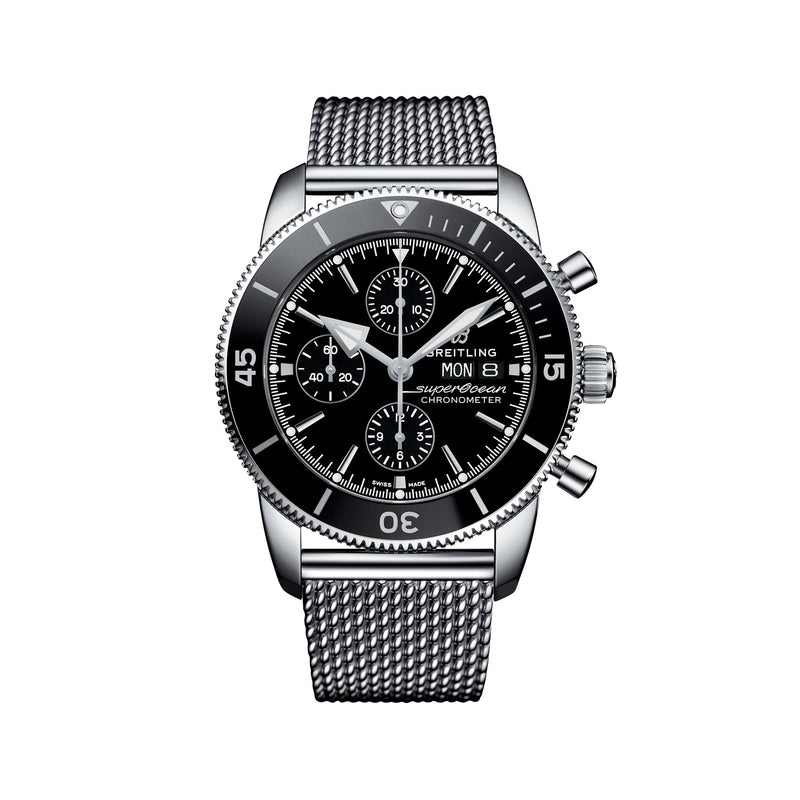 Breitling men's stainless steel chronograph watch with black dial and metal bracelet