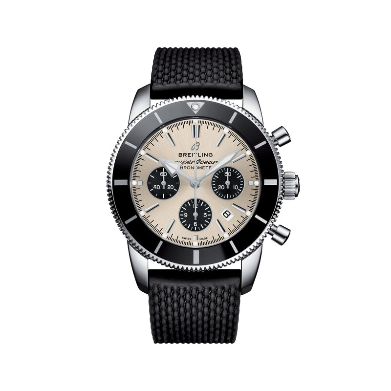 Breitling Superocean Heritage II chronograph watch with black rubber strap, cream dial, steel case