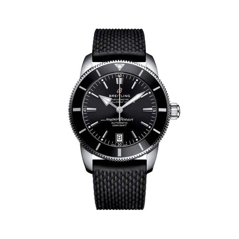 Men's stainless steel wristwatch with black dial and black rubber strap, 44mm