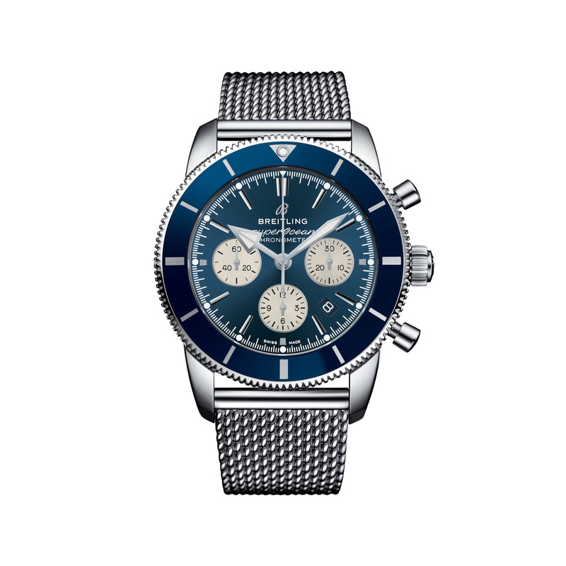 Men's stainless steel chronograph watch with blue dial and mesh bracelet, Breitling