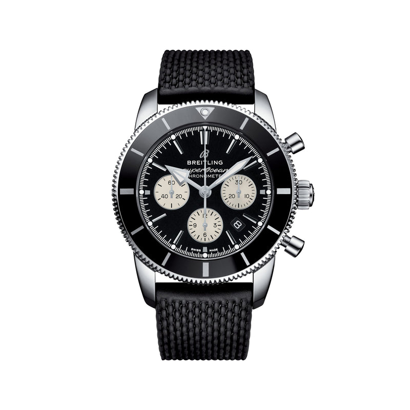 Men's Breitling Superocean Heritage II chronograph watch, black dial and black rubber strap