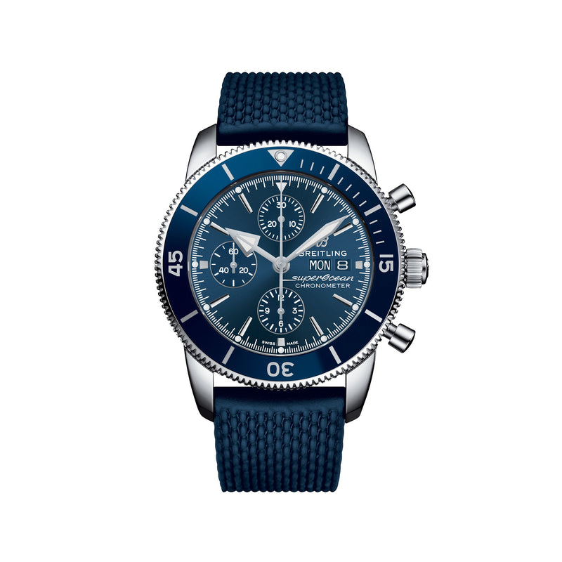 Men's Breitling Superocean chronograph watch: blue dial, blue rubber strap, steel case