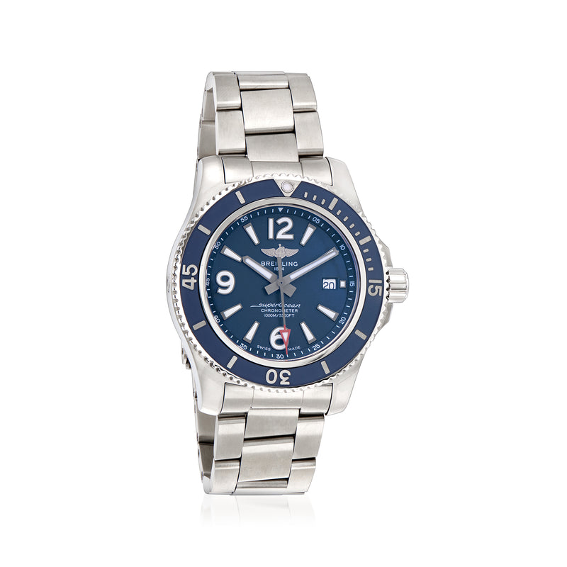 Stainless steel men's wristwatch with blue dial, metal bracelet, and bezel markers