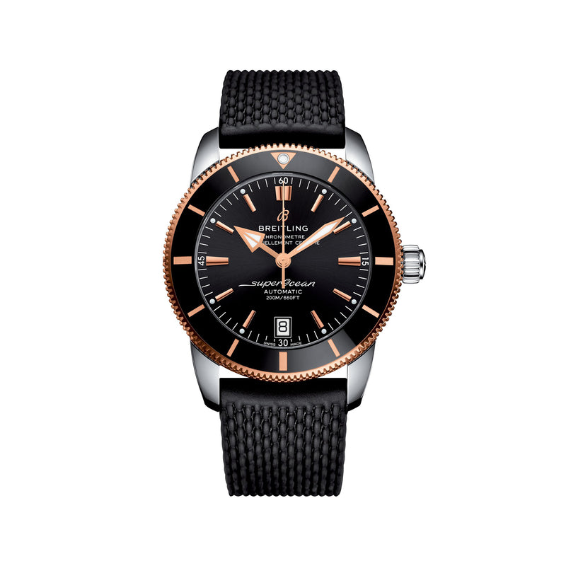 Breitling Superocean Heritage II men's 42mm watch with black dial, black rubber strap