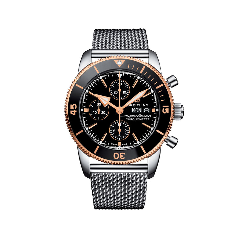 Men's stainless steel chronograph watch with black dial, orange bezel, mesh bracelet