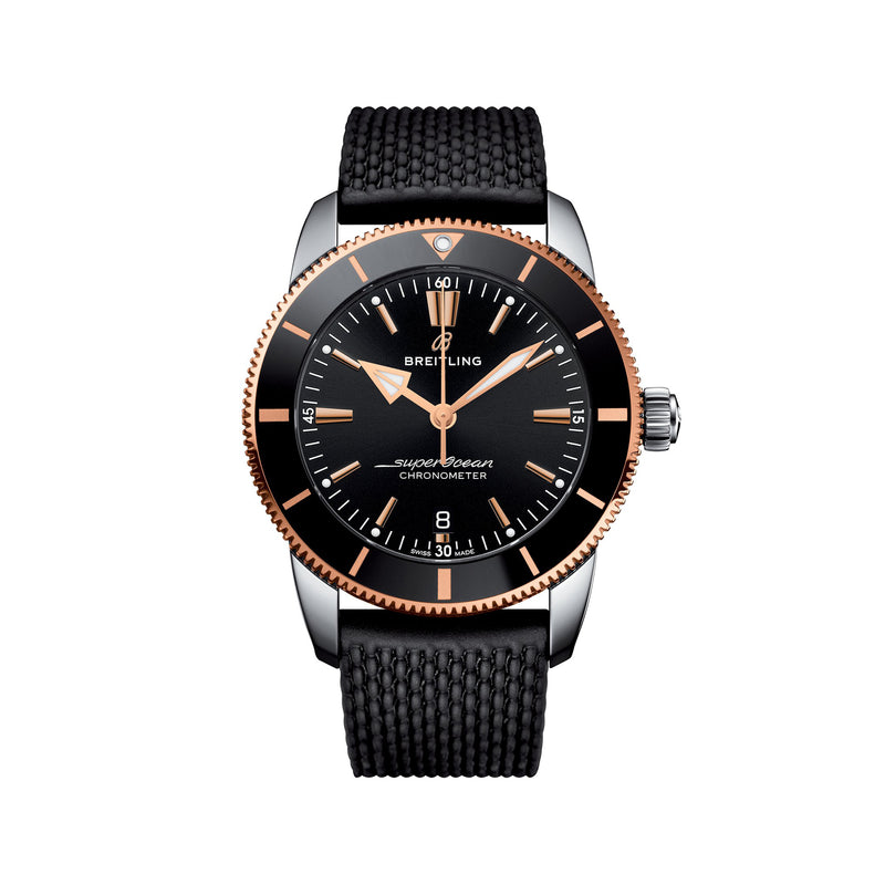 Men's stainless steel dive watch with black dial, orange bezel, black rubber strap