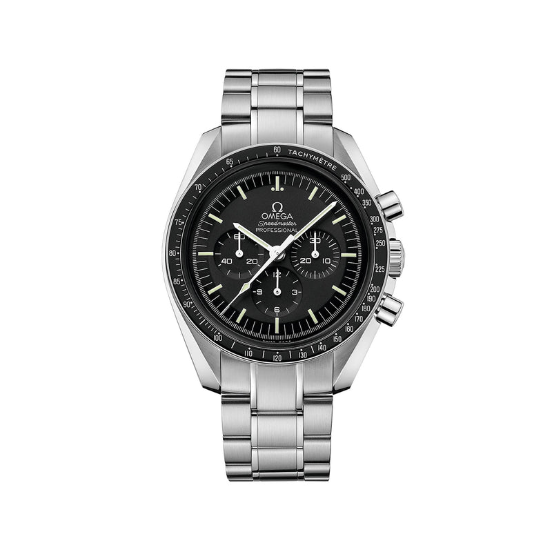 Omega Speedmaster Moonwatch men's steel watch, black chronograph dial with 3 subdials
