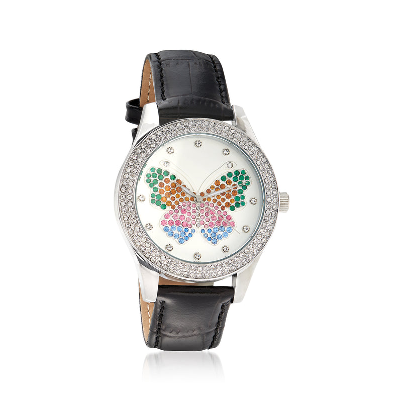 Silvertone crystal butterfly watch with multicolored jeweled dial and black leather strap