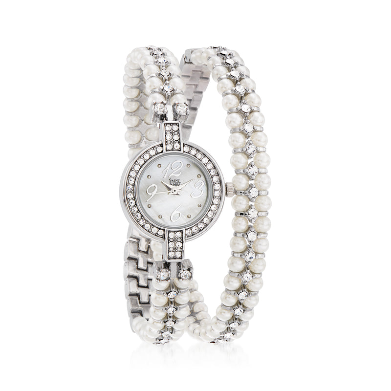 Silvertone double-wrap crystal bracelet watch with mother-of-pearl round dial