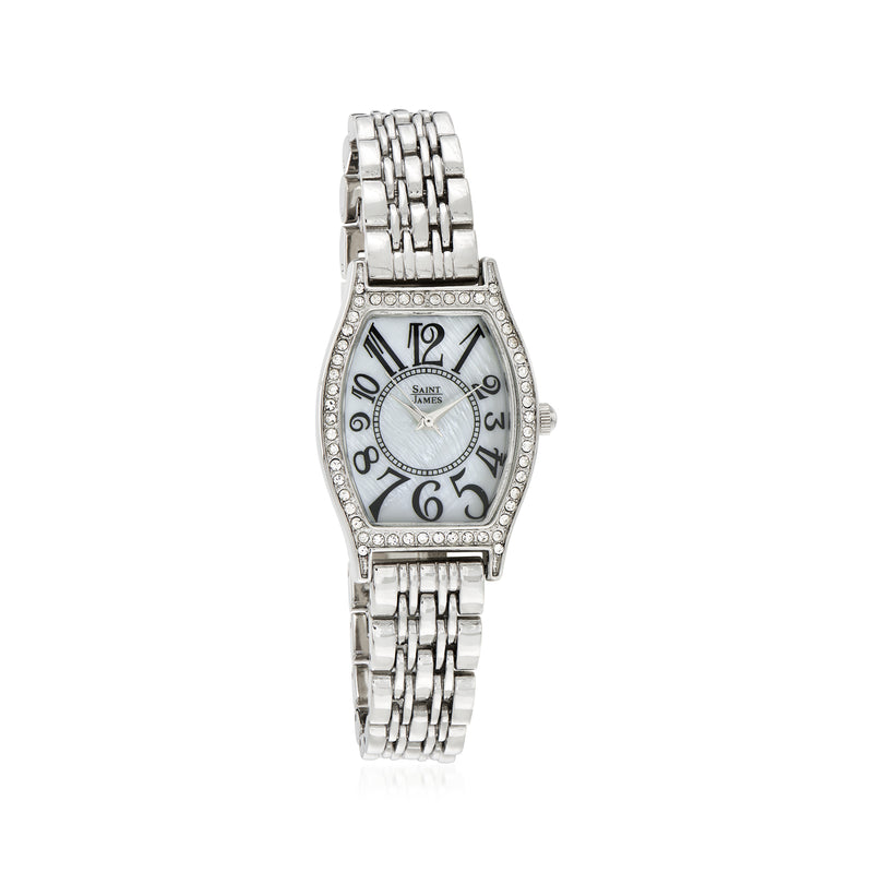 Silvertone women's wristwatch with rhinestone bezel, silver dial, Roman numerals, metal link band