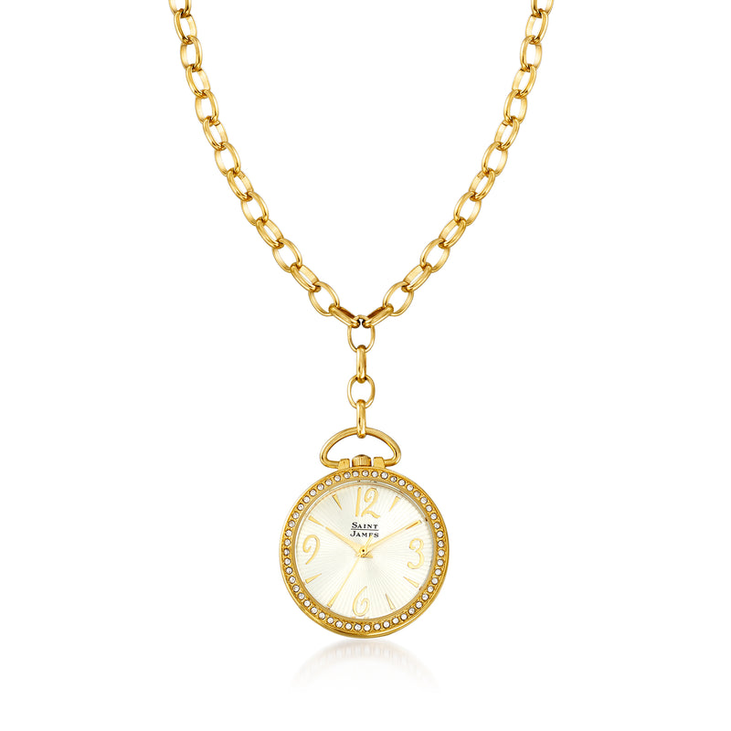 Goldtone watch pendant necklace with round crystal-studded dial and link chain