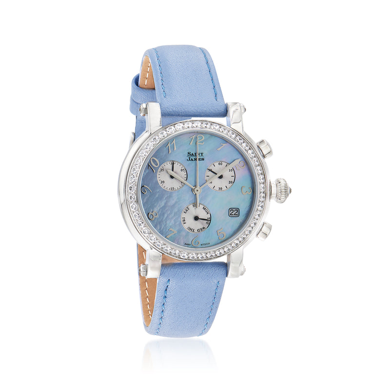 Women's blue mother-of-pearl watch, silver rhinestone bezel, three subdials, date window, blue strap.